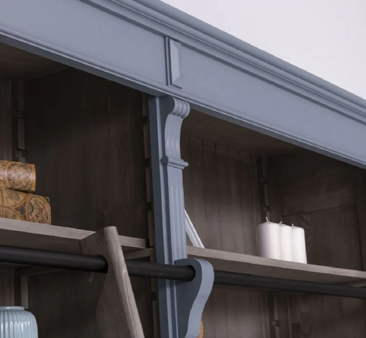 Casa Padrino armario de libros de estilo campestre con escalera azul claro / gris 223 x 51 x A. 228 cm - Gabinete de sal¨®n - Gabinete de oficina - Muebles de estilo campestre