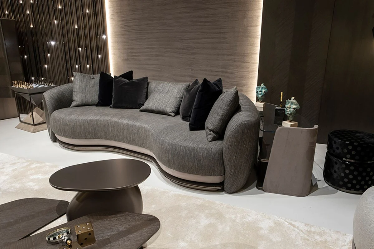 Casa Padrino armario de estanter¨ªa de lujo gris / marr¨®n oscuro / bronce 141,45 x 105,41 x A. 61,5 cm - Armario curvo con tapa de vidrio - Muebles de sal¨®n - Muebles de hotel - Muebles de lujo