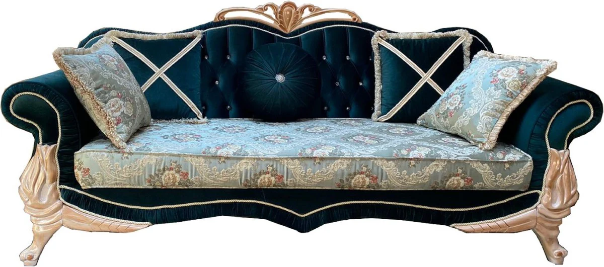 Casa Padrino conjunto de sala de estar barroco de lujo con patr¨®n floral elegante y pedrer¨ªa turquesa / verde / crema - 1 Sof¨¢ y 2 Sillones - Magn¨ªfica muebles de sal¨®n barrocos