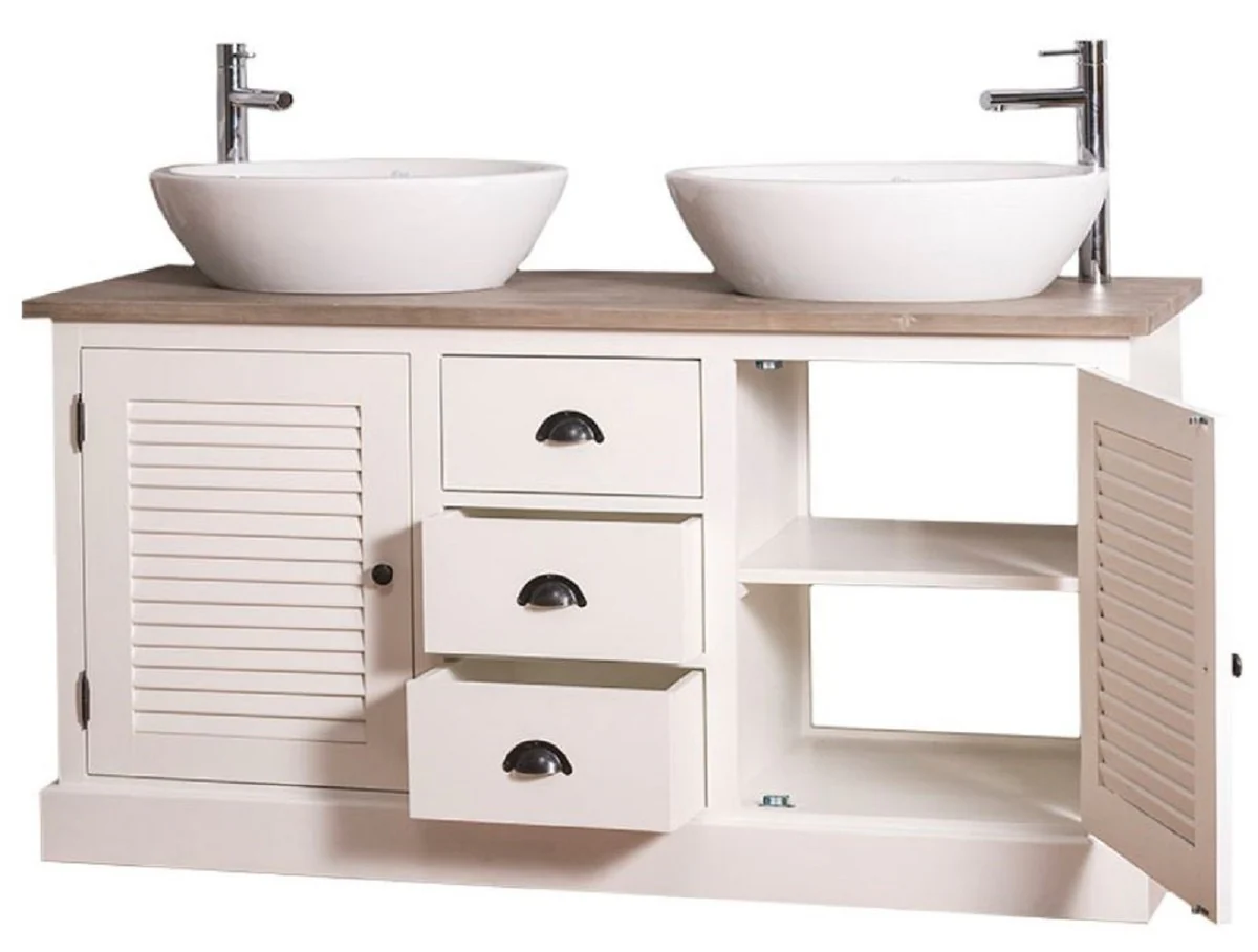 Casa Padrino armario lavabo doble de estilo campestre con 2 puertas y 3 cajones crema / natural 150 x 51 x H. 75 cm - Muebles de Baño de Estilo Campestre