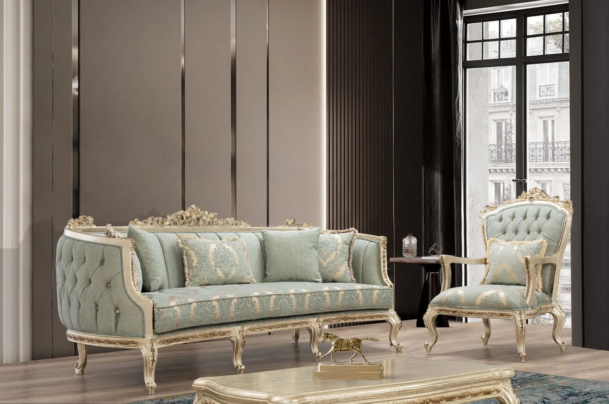 Casa Padrino conjunto de sala de estar barroco de lujo verde / oro antiguo - 2 Sof¨¢s y 2 Sillones y 1 Mesa de Centro - Muebles de sal¨®n hechos a mano en estilo barroco - Noble y Magn¨ªfico