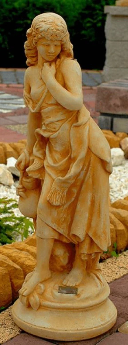 Casa Padrino Art Nouveau Decoración de Jardín Escultura / Estatua Chica con una Jarra Pequeña Beige 26 x 23 x H. 67 cm - Figura de Piedra Escultura de Jardín