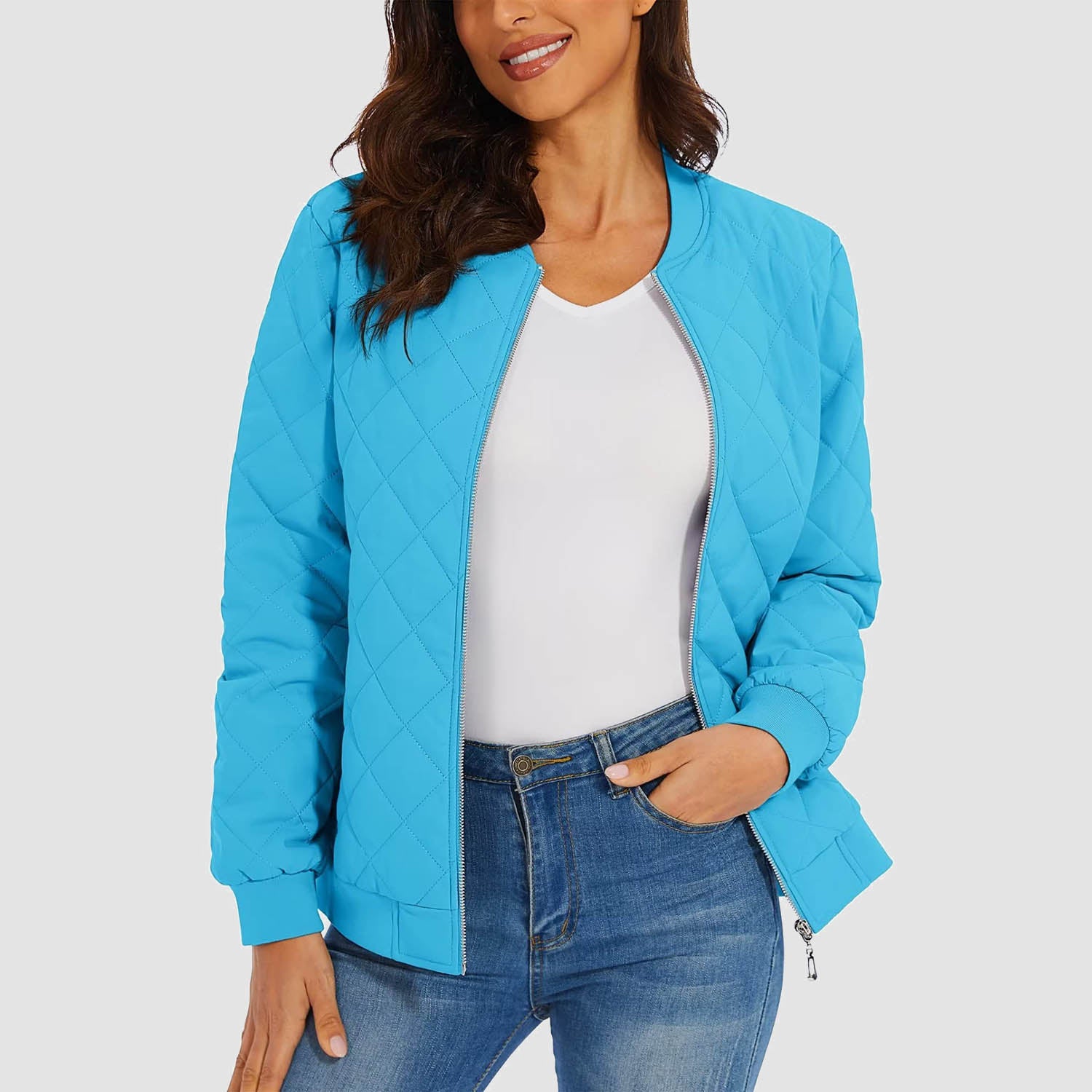 Women's Quilted Jackets Bomber Jacket with 2 Zip Pockets Puffer Casual Winter Jacket