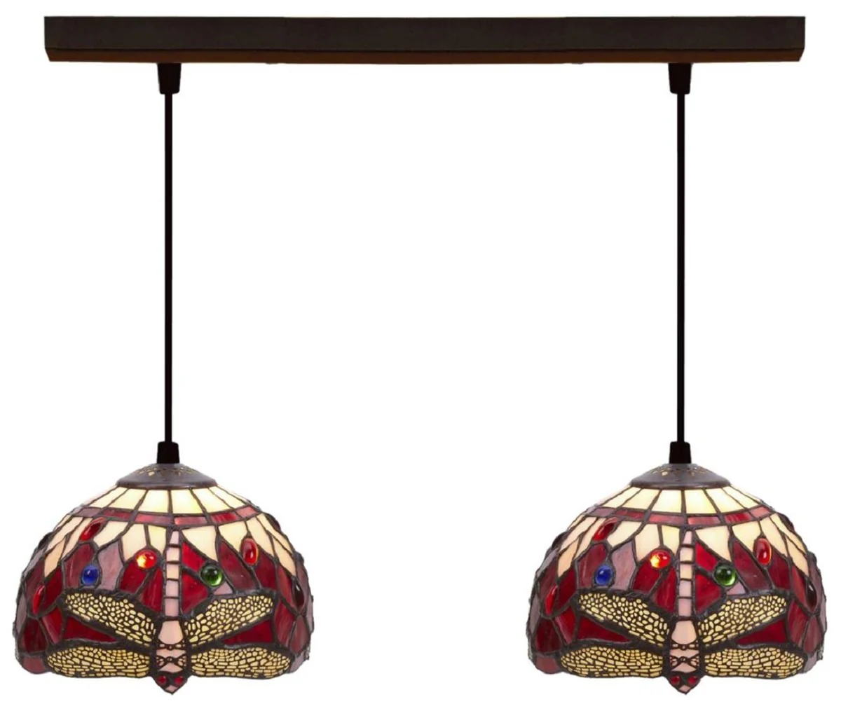 Casa Padrino lámpara colgante doble Tiffany de lujo libélula multicolor 50 x 20 x A. 130 cm - Lámpara colgante Tiffany con pantallas de vidrio hechas a mano - Luces Tiffany de Lujo