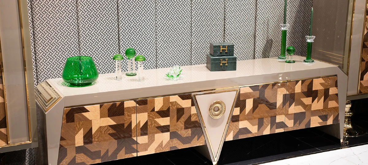 Casa Padrino conjunto de TV de lujo gris / marrón / oro - Aparador de salón de madera maciza con 2 armarios estante - Muebles de salón - Muebles de lujo