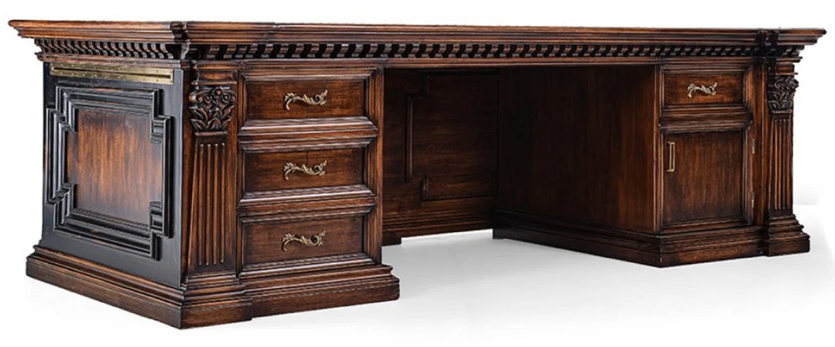 Casa Padrino escritorio de estilo campestre de lujo marrón / negro / verde 243,5 x 99 x A. 79 cm - Mesa de oficina de madera maciza - Muebles oficina estilo campestre - Muebles de oficina de lujo