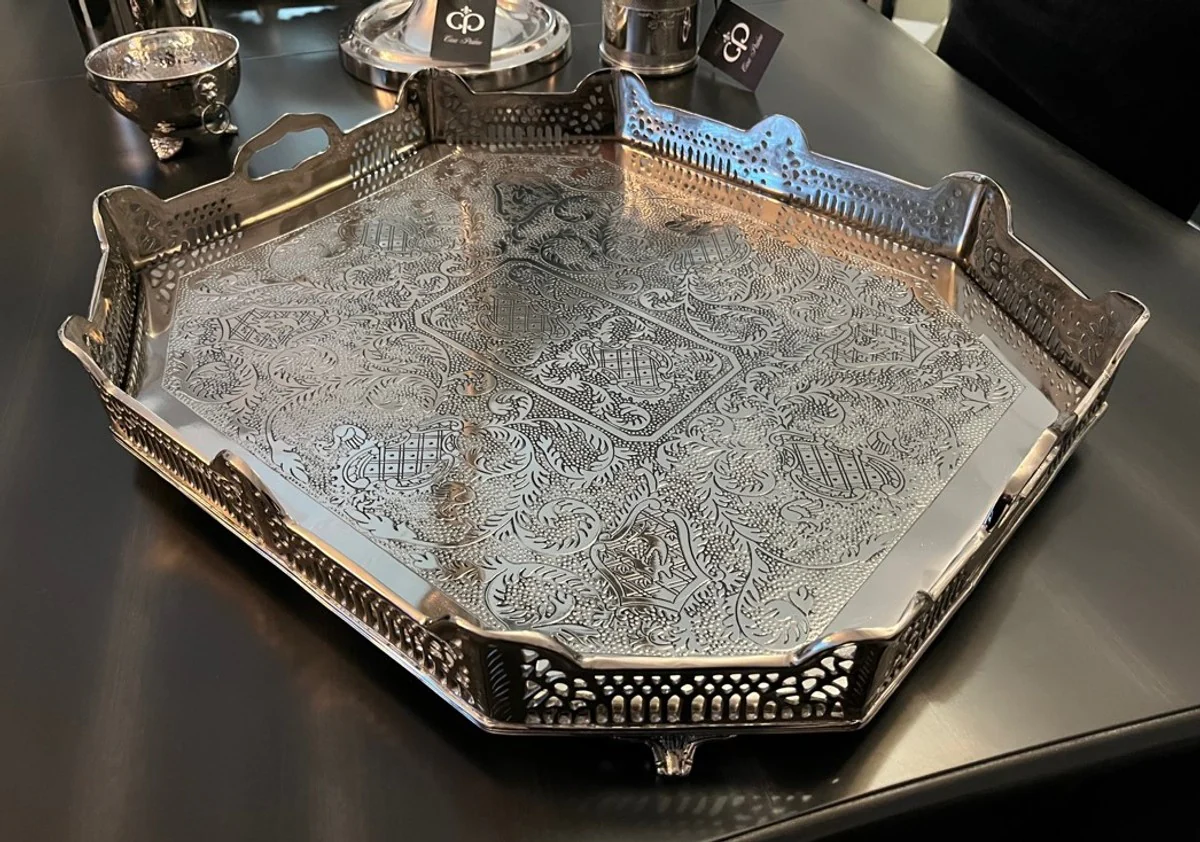 Casa Padrino luxury art deco brass tray nickel finish 52 x 42 x H. 8 cm - Limited Edition