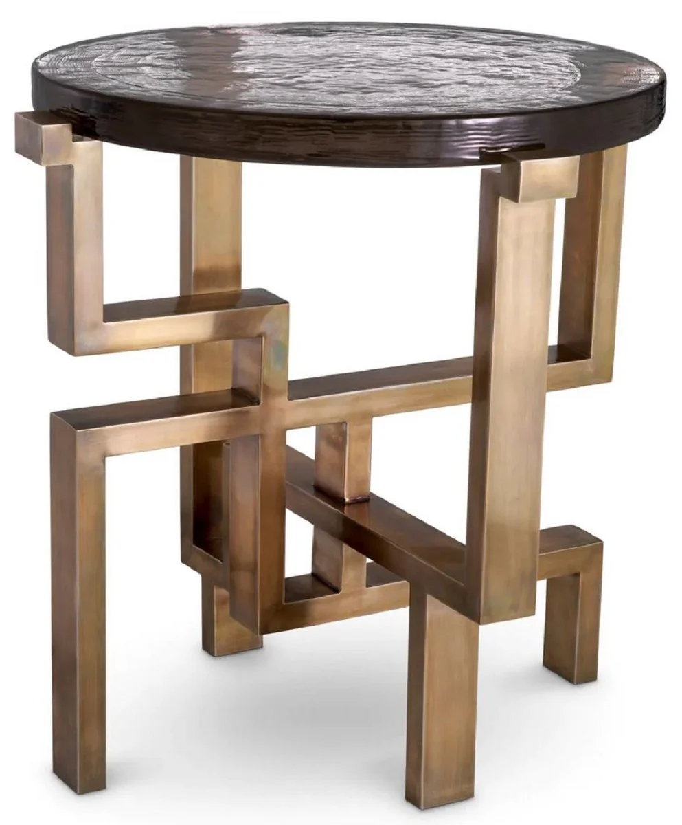 Casa Padrino mesa auxiliar de lujo lat¨®n vintage ? 57 x A. 56 cm - Mesa redonda de acero inoxidable con tapa de vidrio - Muebles de lujo - Muebles de sal¨®n - Interiores de sal¨®n de lujo