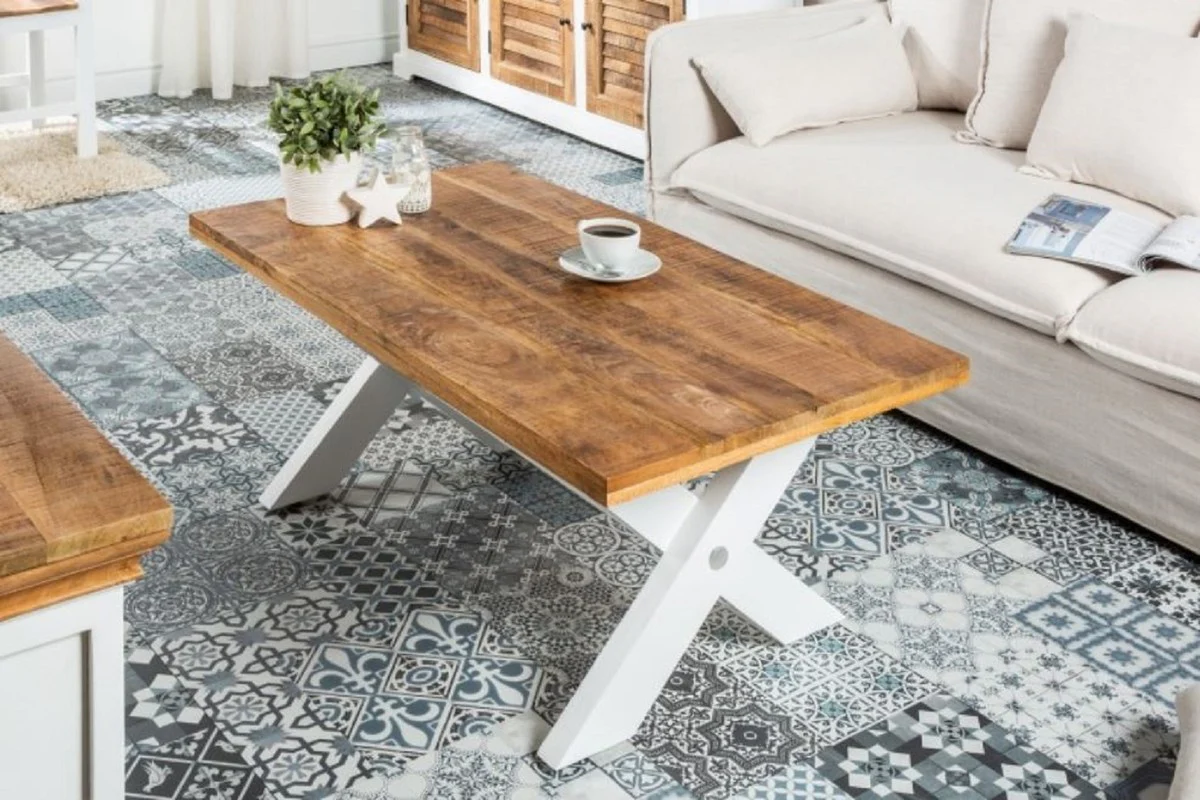 Casa Padrino mesa de centro de estilo campestre natural / blanco 110 x 60 x A. 45 cm - Mesa de sal¨®n hecha a mano de madera maciza - Muebles de sal¨®n en estilo campestre