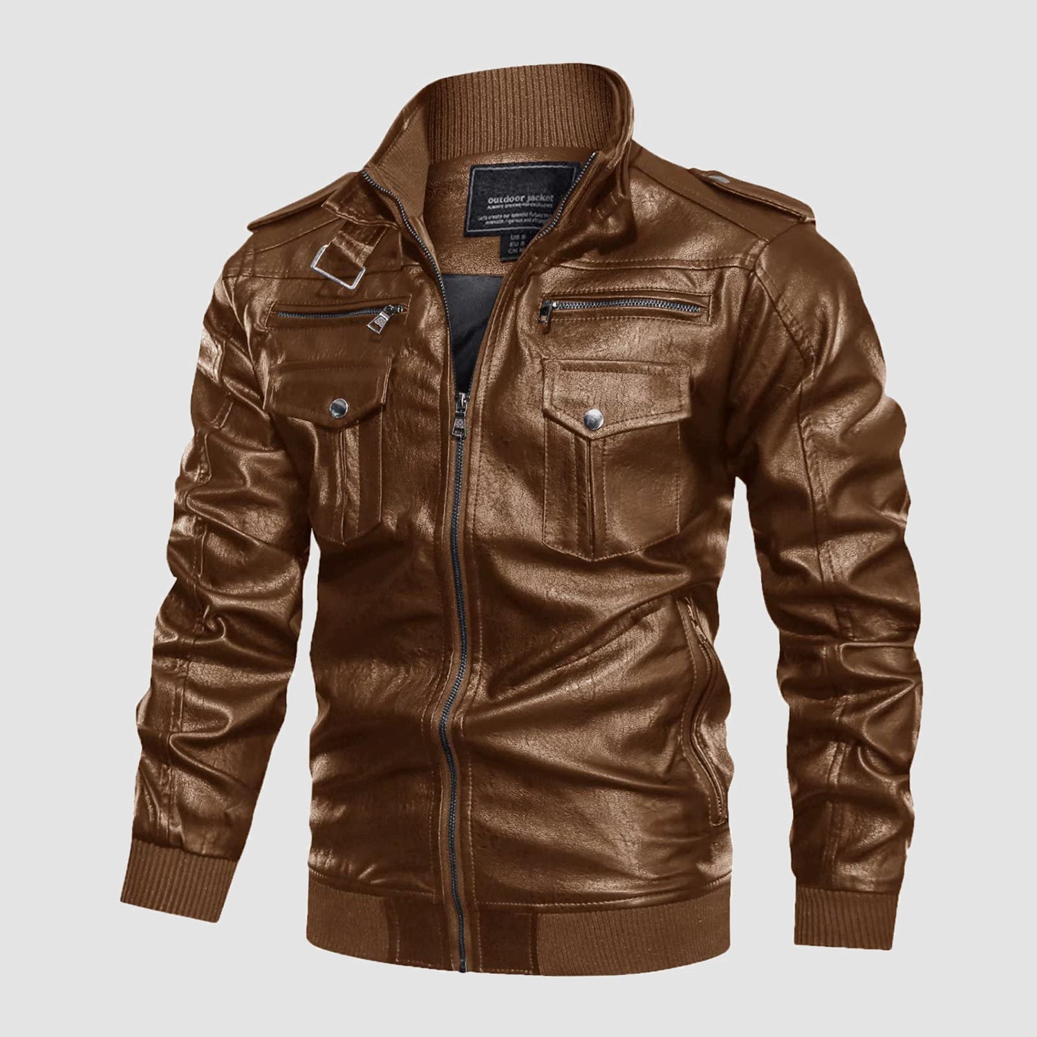 Men's Vintage Pu Faux Leather Jacket with 6 Pockets Stand Collar Motorcycle PU Leather Outwear Coat