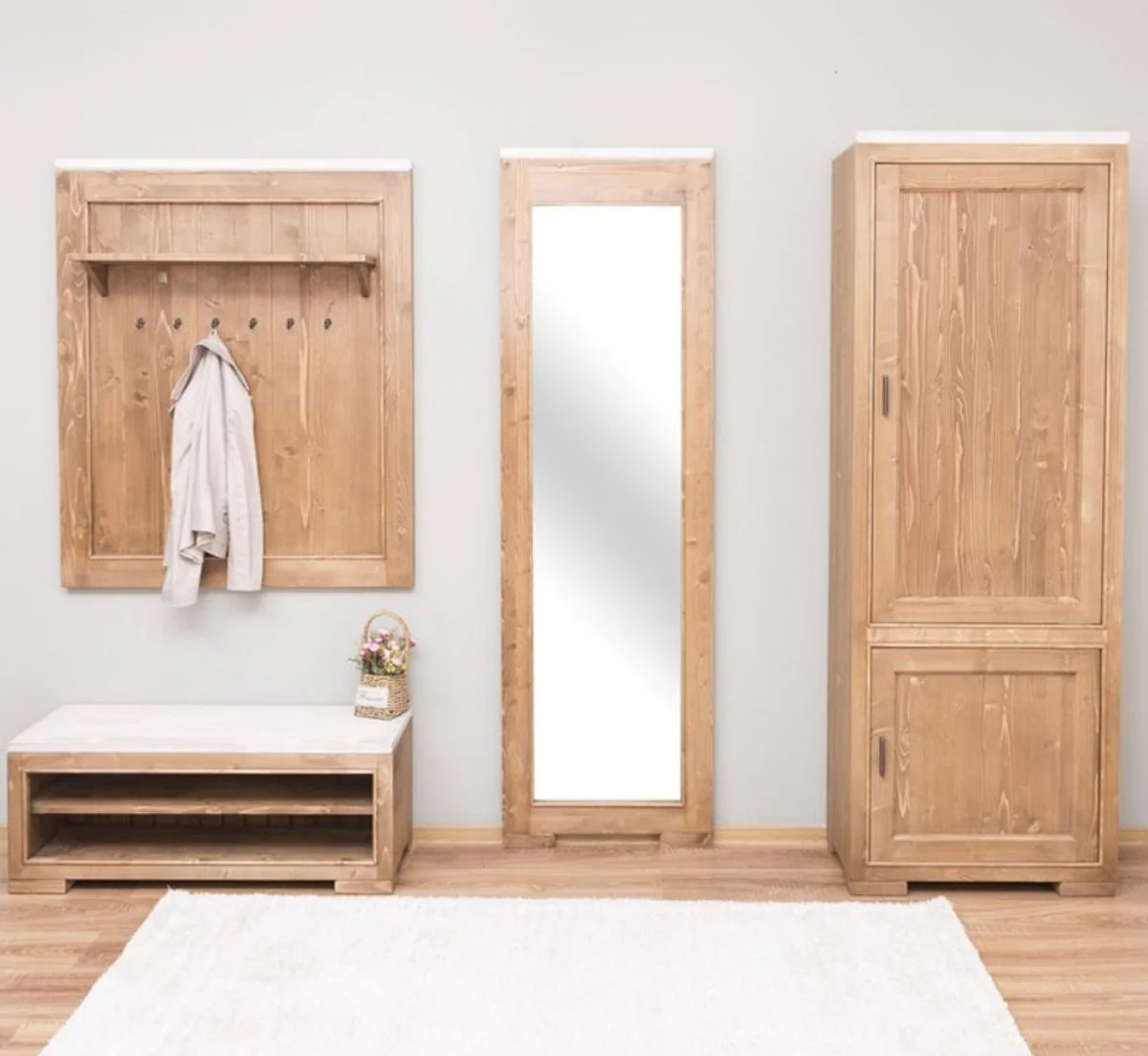 Casa Padrino conjunto de muebles de guardarropa de madera maciza de estilo campestre natural / blanco - 1 Guardarropa 1 Armario de Zapatos 1 Espejo de Pared y 1 Armario - Muebles de Estilo Campestre