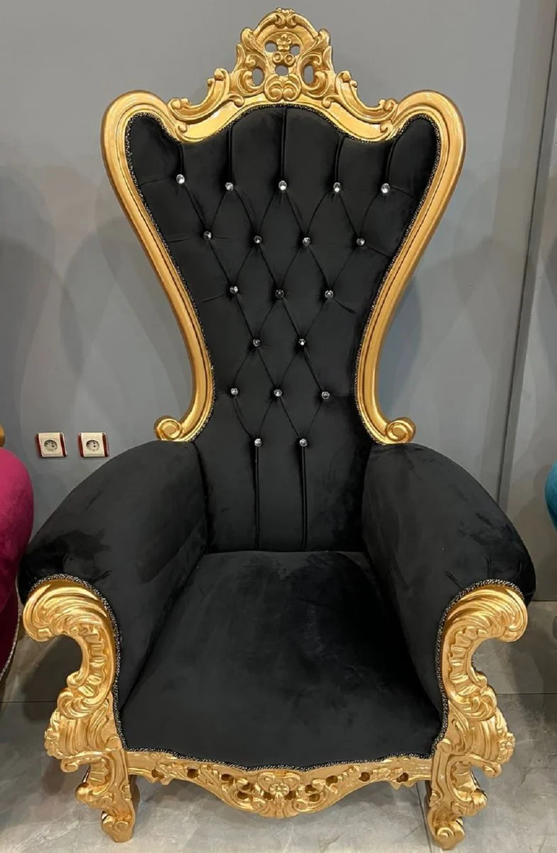 Casa Padrino sill¨®n de trono barroco con tela de terciopelo fino y pedrer¨ªa negro / oro - Sill¨®n real de estilo barroco - sill¨®n de boda barroco - sill¨®n gigante barroco - Muebles barrocos