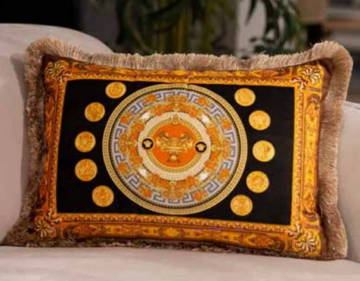 Casa Padrino almohada de terciopelo barroco de lujo jarrón y monedas negro / oro / marrón 50 x 35 cm - Almohada decorativa estampada con flecos - Accesorios Decorativos Barrocos