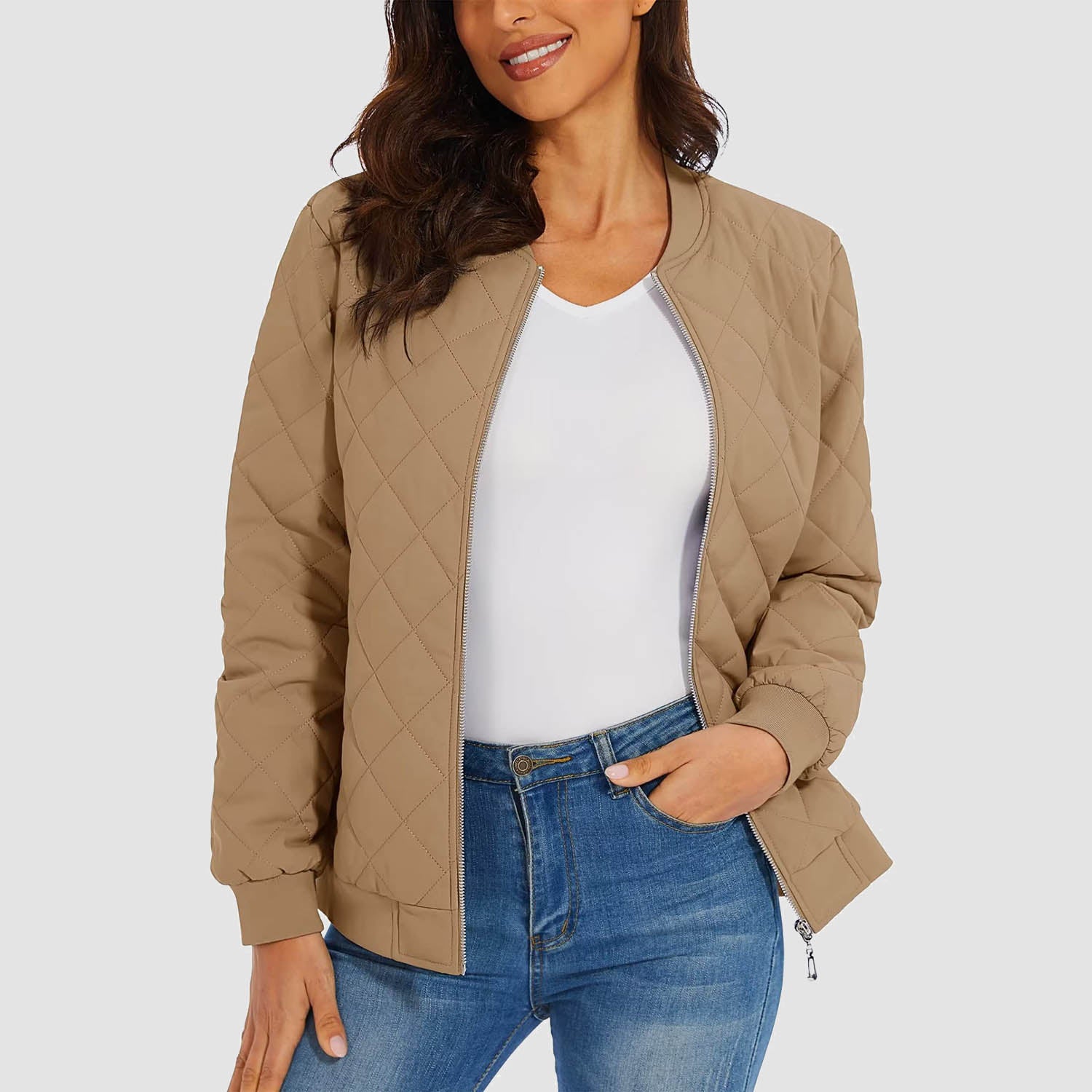Women's Quilted Jackets Bomber Jacket with 2 Zip Pockets Puffer Casual Winter Jacket
