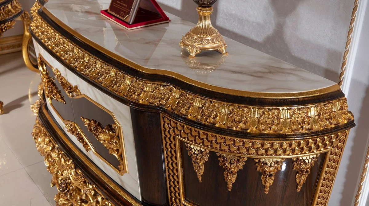 Casa Padrino gabinete TV barroco de lujo blanco / marr¨®n oscuro / oro - Magn¨ªfico aparador de madera maciza con aspecto de m¨¢rmol - Muebles de sal¨®n barrocos - Noble y Magn¨ªfico