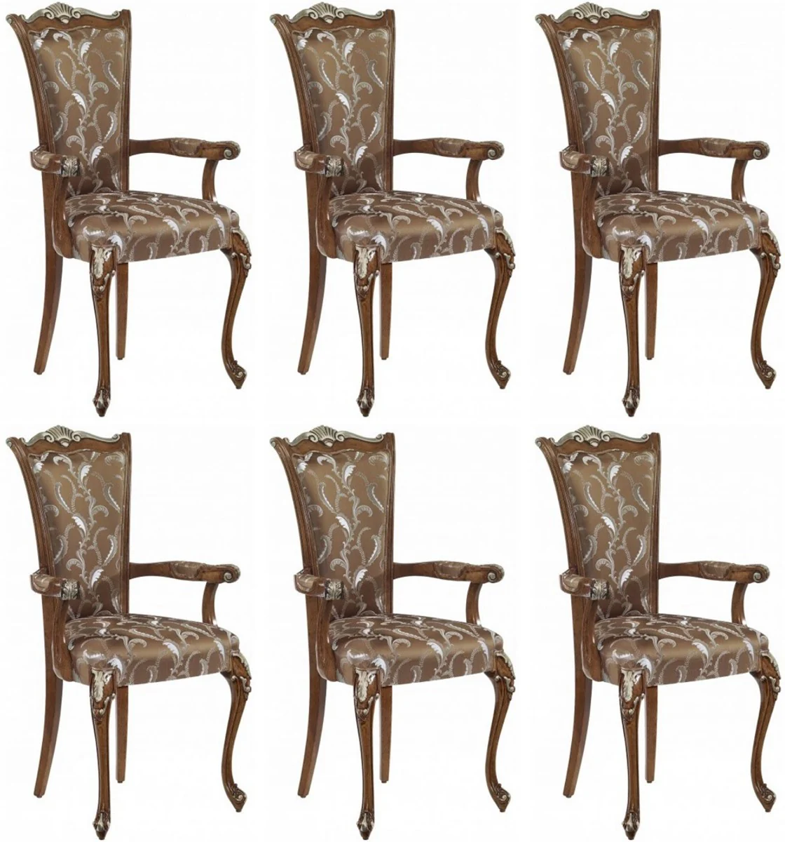 Casa Padrino conjunto de sillas de comedor barrocos de lujo marr¨®n / blanco / plata - Conjunto de sillas de cocina de 6 con reposabrazos - Muebles de comedor barrocos - Hecho en Italia