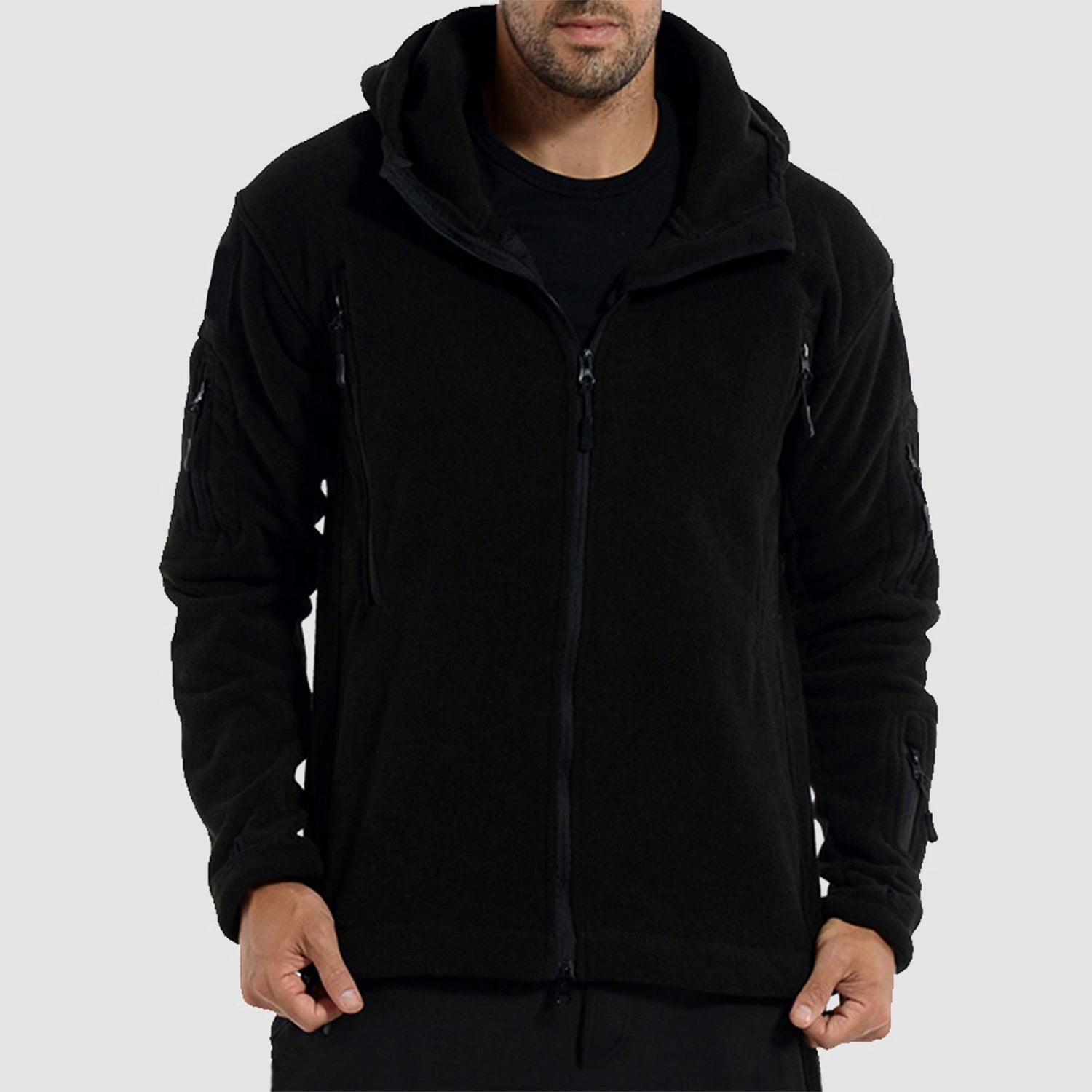 Men's Hoodie Fleece Jacket with 6 Zip-Pockets Warm Winter Jacket Military Tactical Jacket
