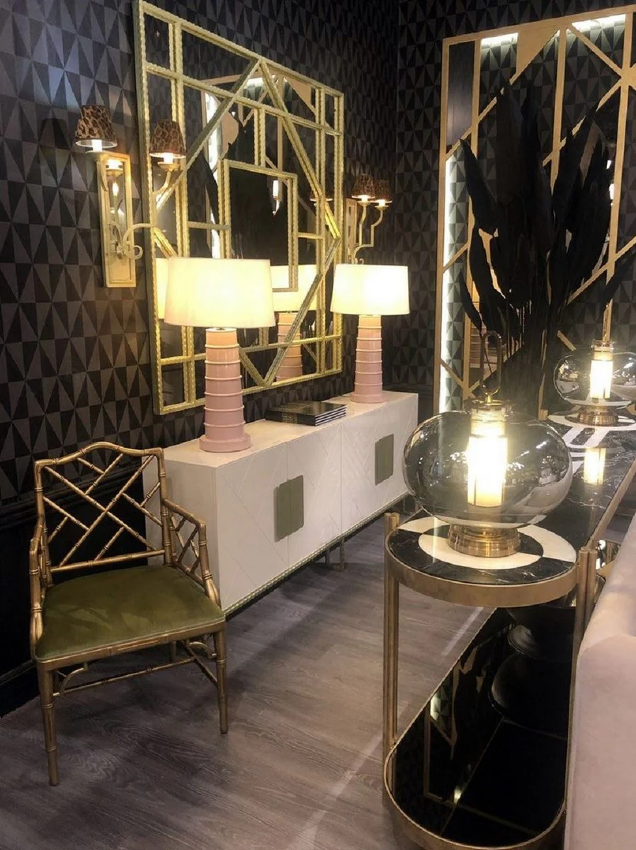 Casa Padrino consola de lujo lat¨®n / negro / blanco 220 x 45 x A. 85 cm - Consola con tablero de m¨¢rmol y estante de vidrio - Muebles de Hotel - Calidad de Lujo