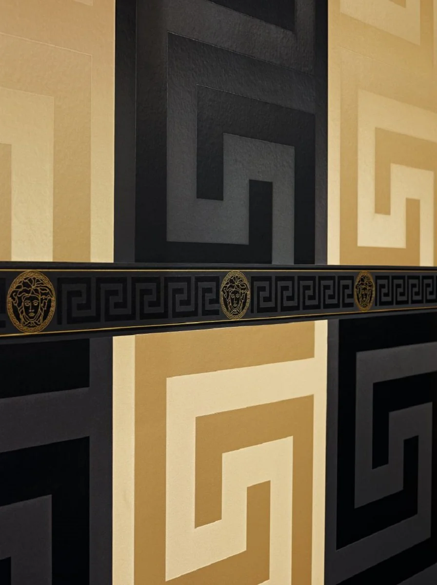 Versace Papel Pintado No Tejido Barroco Diseño Griego 935224 Negro / Oro - Borde - Papel Tapiz de Diseño - Calidad de Lujo