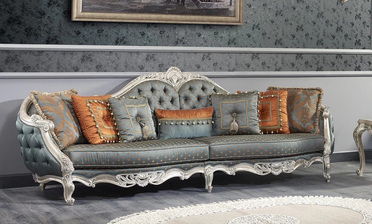 Casa Padrino sof¨¢ barroco de lujo turquesa oscuro / oro / plata 310 x 99 x H. 113 cm - Suntuoso Sof¨¢ de Sala de Estar Chesterfield en Estilo Barroco