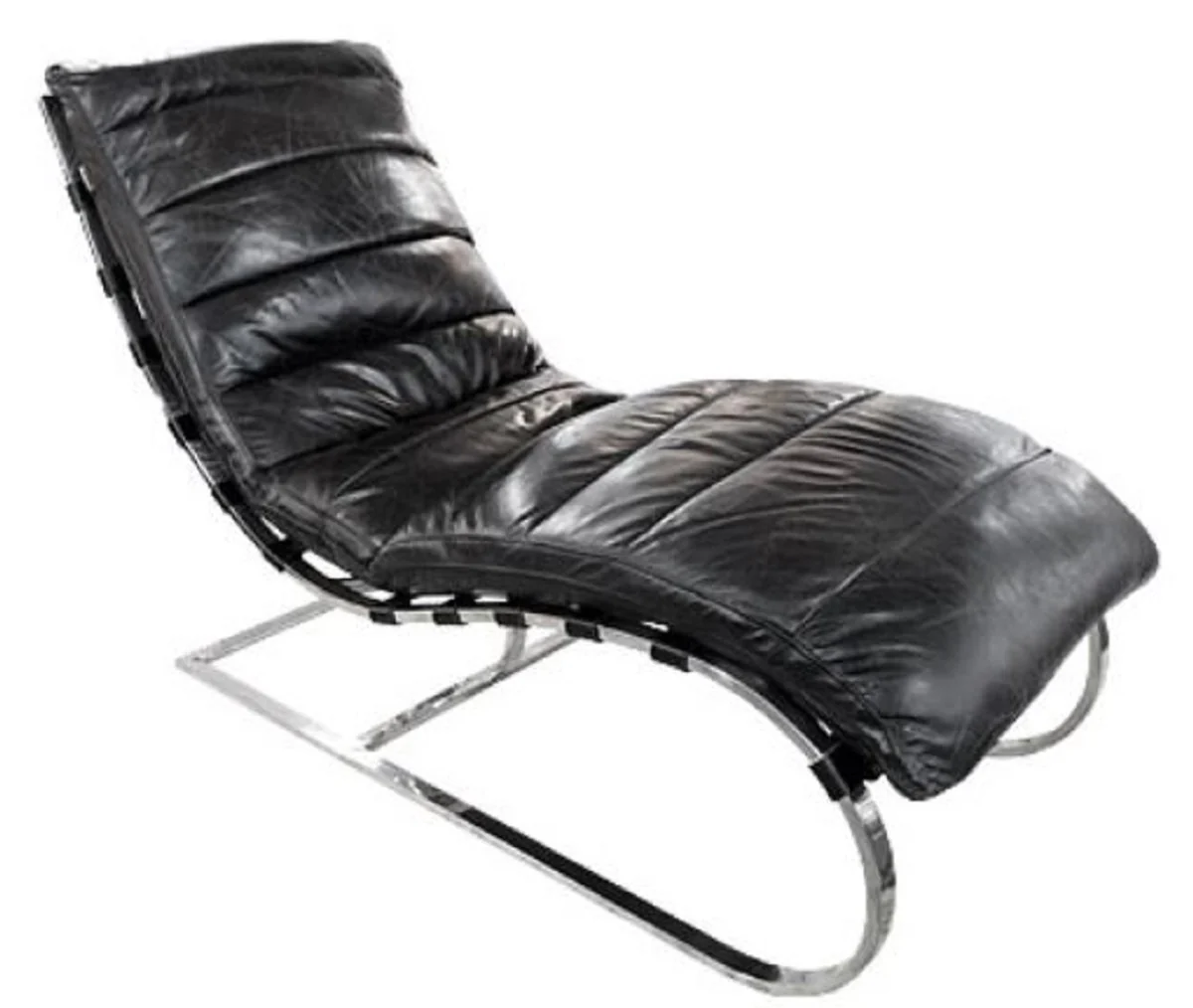 Casa Padrino sill¨®n reclinable de cuero genuino de lujo negro / plata 150 x 61 x H. 81 cm - Sill¨®n de Sala de Estar Sill¨®n Relax Reclinable