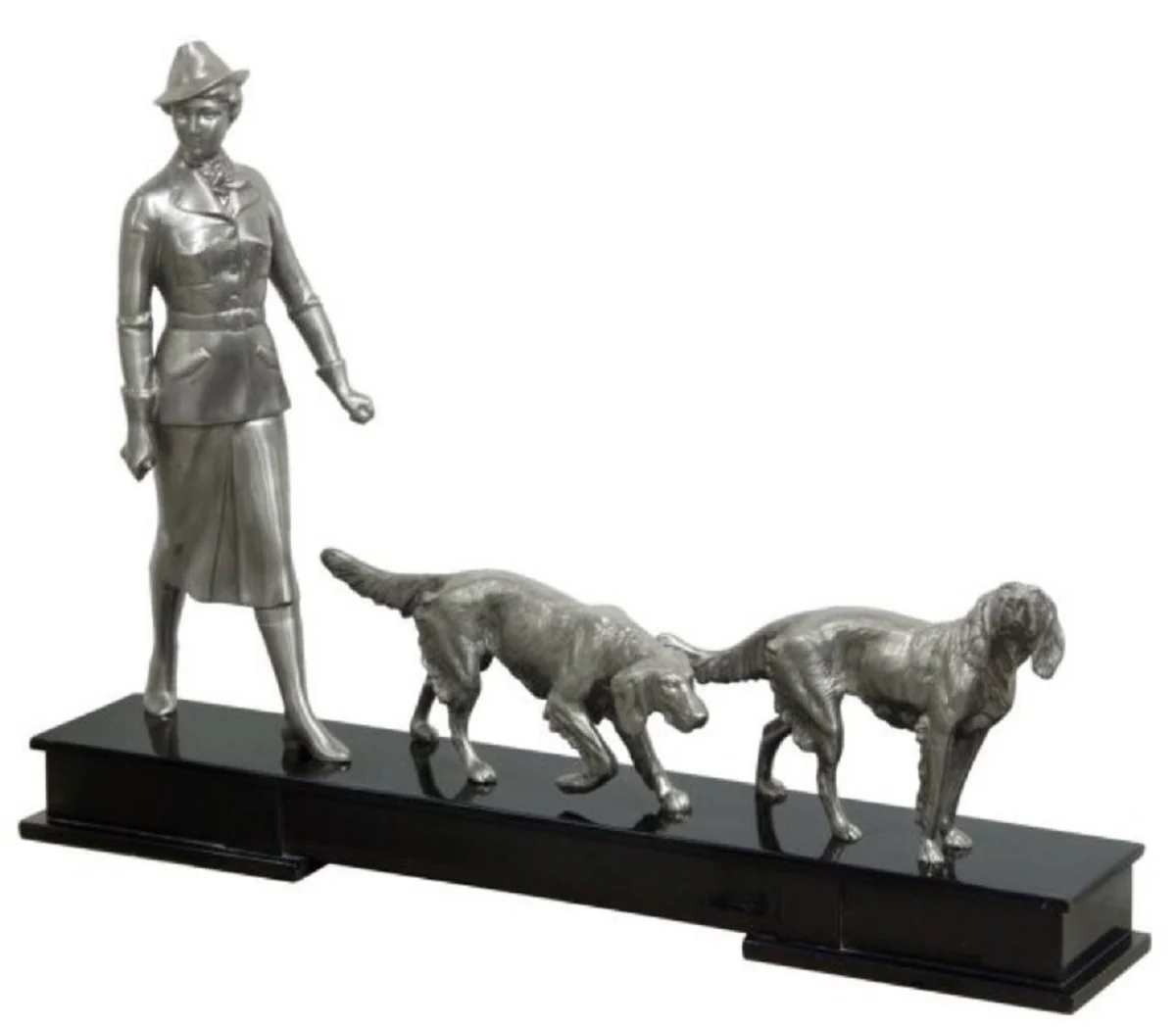 Casa Padrino figuras de bronce de lujo de cazadora y perros plata / negro 61 x 11 x H. 45 cm - Figuras Decorativas de Lujo con Base de Madera