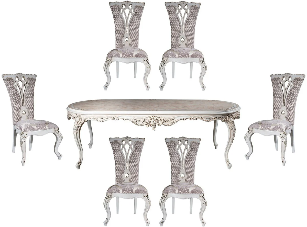 Casa Padrino conjunto de comedor barroco de lujo p¨²rpura / beige / blanco / oro - 1 Mesa de Comedor Ovalada y 6 Sillas de Comedor con Patr¨®n elegante - Muebles de comedor barrocos - Noble y Magn¨ªfico