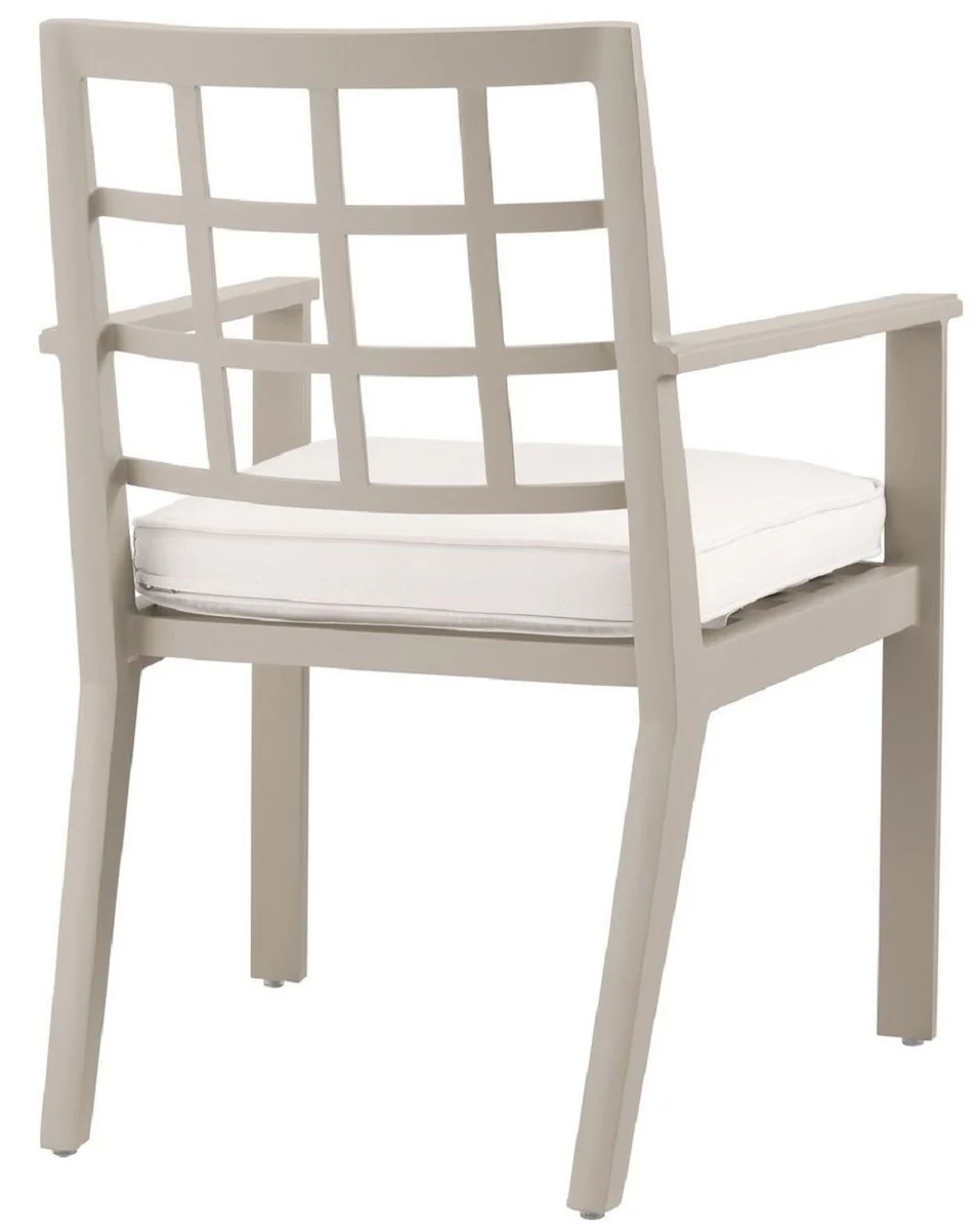 Casa Padrino silla de comedor de lujo con reposabrazos arena / blanco 64,5 x 65 x A. 88,5 cm - Silla de aluminio resistente a la intemperie con cojín de asiento - Silla de Jardín de Terraza