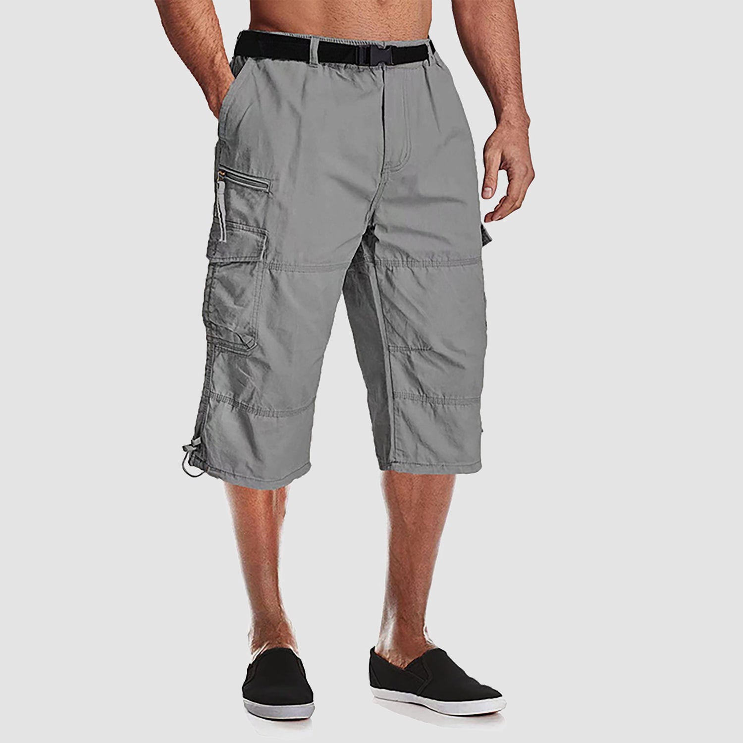 Men Summer Casual 3/4 Long Cargo Shorts Twill Cotton Elastic Waist Multiple Pockets Comfortable Capris Trousers
