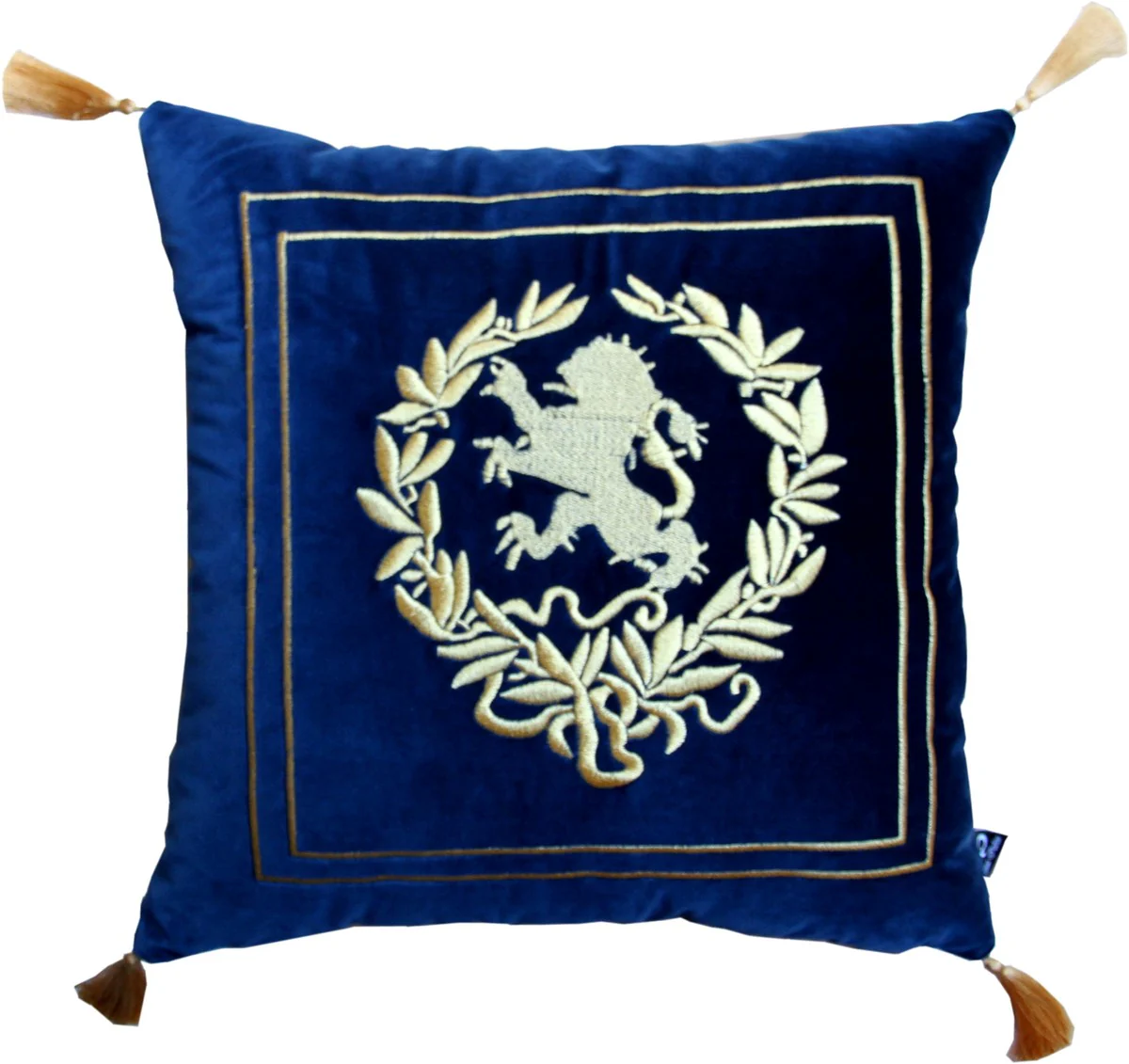 Amortiguador decorativo de lujo Casa Padrino escudo azul oscuro / dorado con borlas doradas 45 x 45 cm - la mejor tela de terciopelo - Luxus Wohndeko