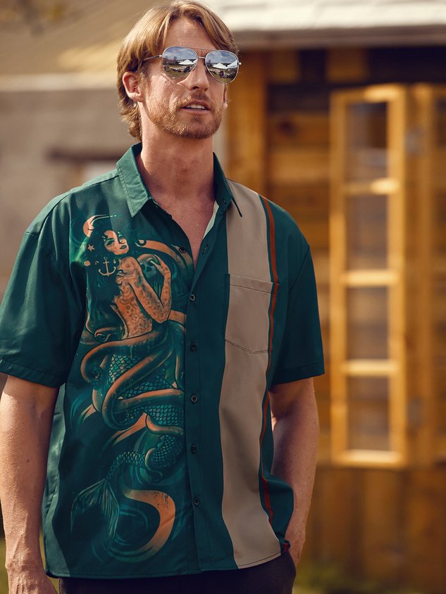 Mermaid Chest Pocket Short Sleeve Bowling Shirt