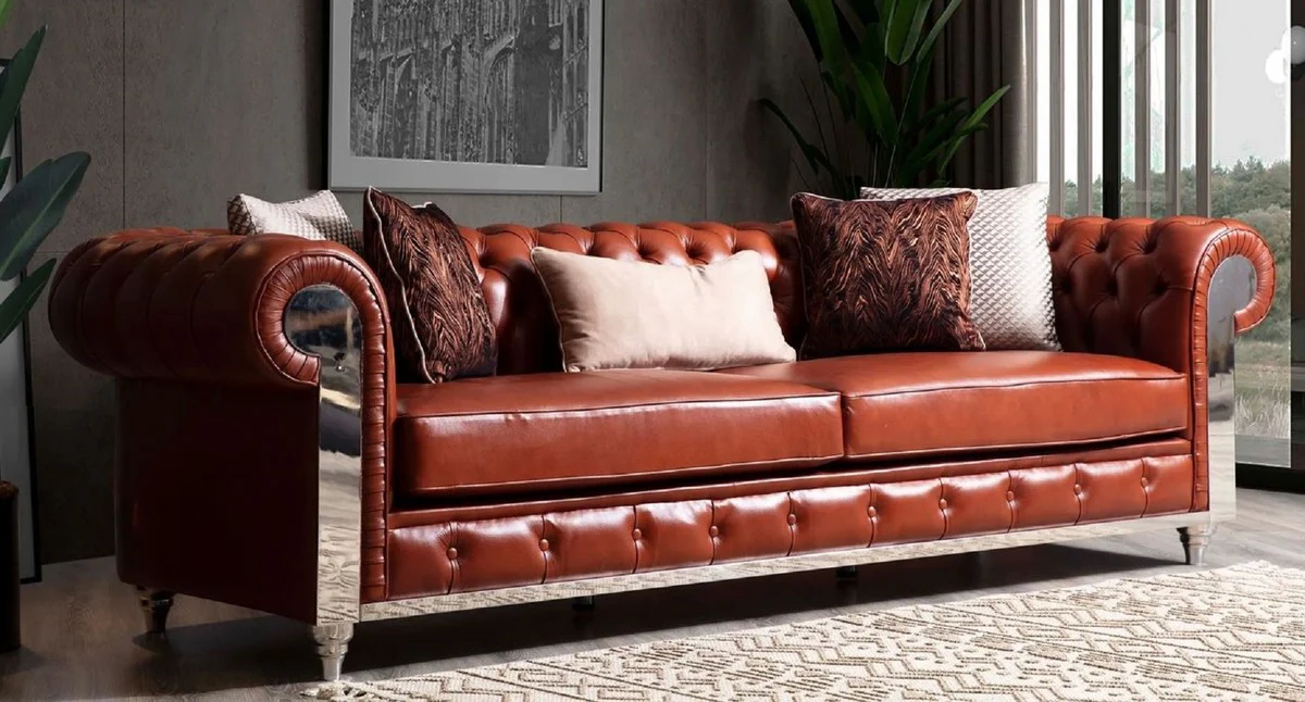 Casa Padrino sof¨¢ Chesterfield de lujo en cuero artificial marr¨®n / plata 270 x 100 x A. 70 cm - Sof¨¢ de sal¨®n - Muebles de sal¨®n - Muebles Chesterfield - Muebles de lujo