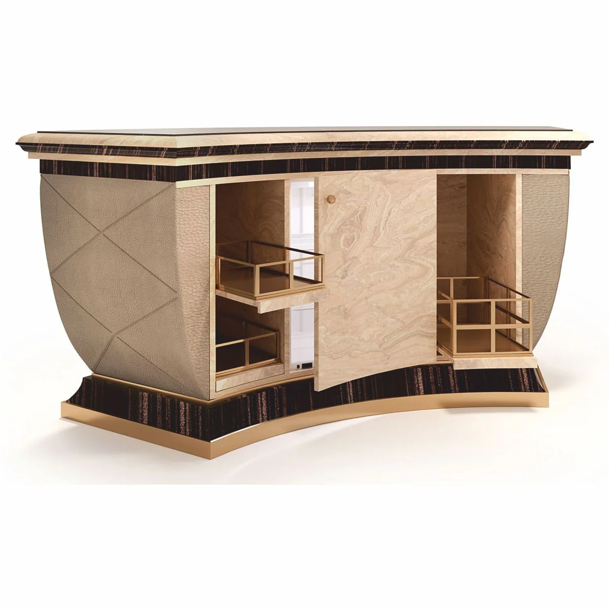 Casa Padrino Barra de Bar de Lujo con Refrigerador Beige / Negro / Oro / Bronce 225 x 102 x A. 98 cm - Mesa de Bar Hecha a Mano - Bar en Casa - Muebles de Hotel - Calidad de Lujo - Hecho en Italia