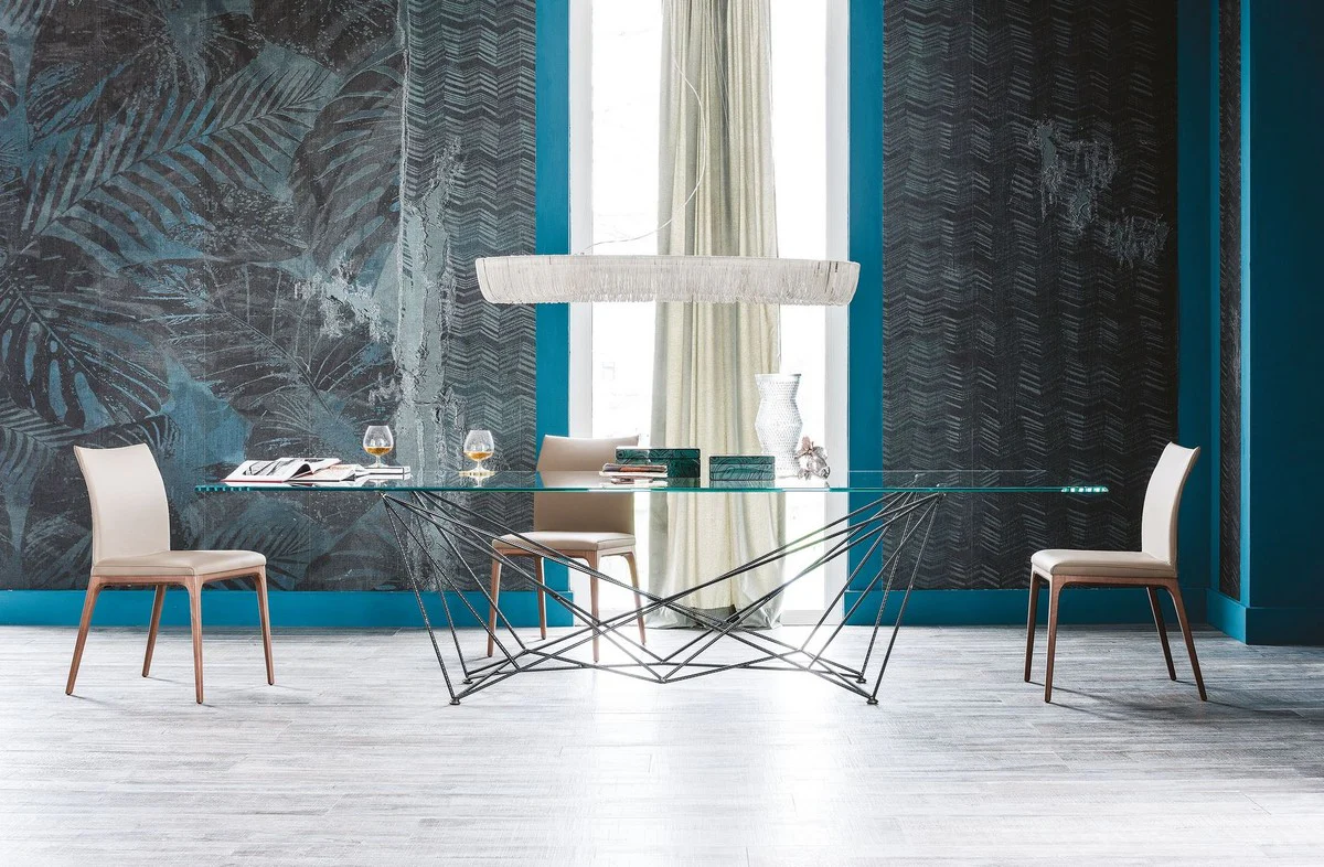 Casa Padrino Mesa de Comedor de Lujo con Tapa de Vidrio Negro - Varios Tama?os - Hecho en Italia