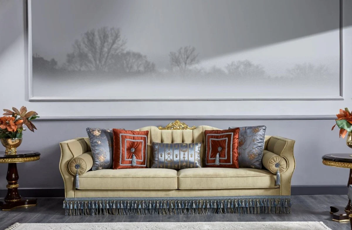 Casa Padrino sof¨¢ barroco de lujo beige / azul - Magn¨ªfico sof¨¢ de sal¨®n - Muebles de sal¨®n estilo barroco - Muebles de lujo estilo barroco - Muebles barrocos - Noble y Magn¨ªfico