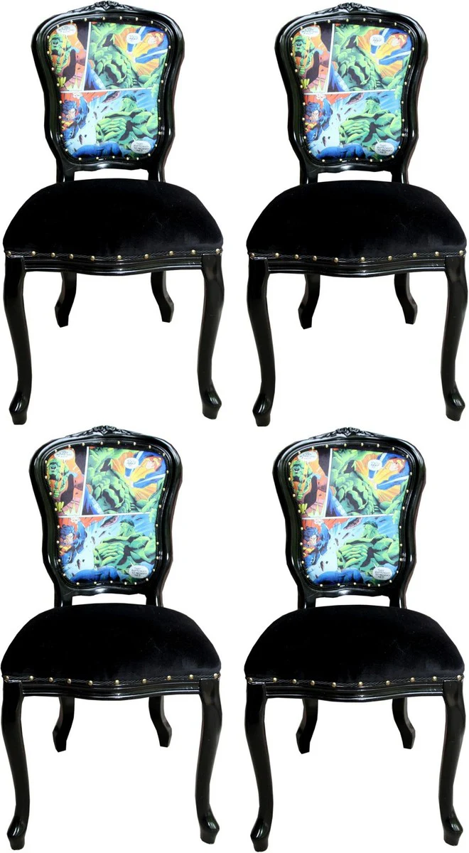 Casa Padrino Conjunto de Sillas de Comedor Barroco de Lujo Comic Multicolor / Negro 55 x 54 x H. 103 cm - 4 Sillas de Comedor Hechas a Mano - Sillas de Dise?o - Muebles de Comedor Barrocos