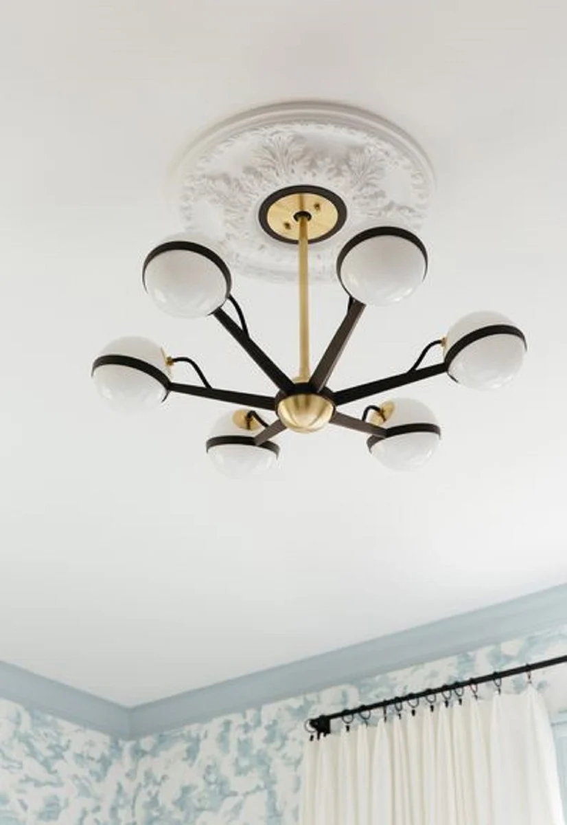 Casa Padrino Araña LED de Lujo Bronce / Latón / Blanco Ø 70,5 x H. 16,5 cm - Araña con Pantallas Esféricas - Calidad de Lujo