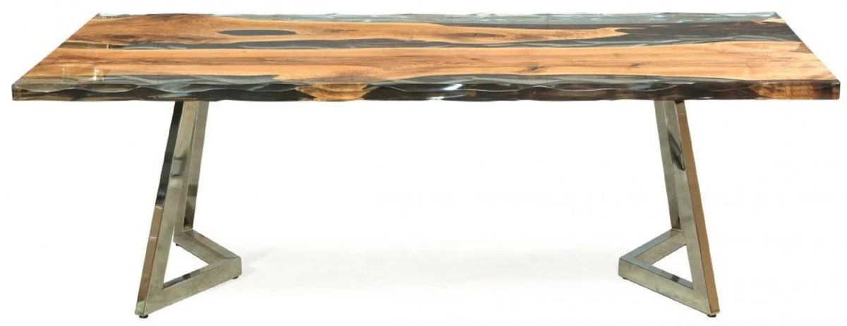 Casa Padrino mesa de comedor de lujo marr¨®n / plata 230 x 100 x A. 76 cm - Mesa de cocina rectangular con resina epoxi - Muebles de comedor - Muebles de resina epoxi - Muebles de lujo