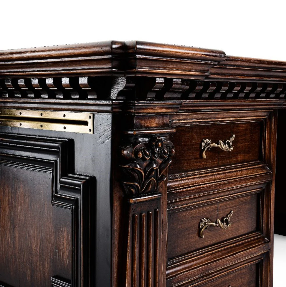 Casa Padrino escritorio de estilo campestre de lujo marrón / negro / verde 243,5 x 99 x A. 79 cm - Mesa de oficina de madera maciza - Muebles oficina estilo campestre - Muebles de oficina de lujo