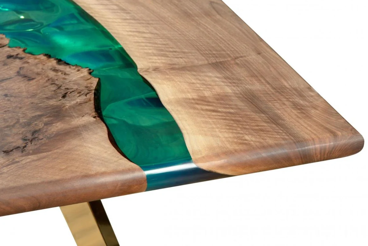 Casa Padrino mesa de comedor de lujo marr¨®n / verde / oro 210 x 100 x A. 76 cm - Mesa de cocina rectangular con resina epoxi - Muebles de comedor - Muebles de resina epoxi - Muebles de lujo