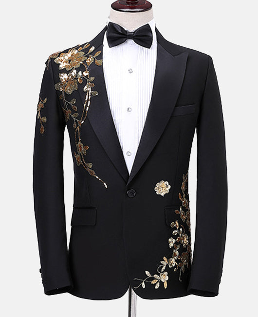 Elegant Floral Sequin Lapel Collar Blazer & Pants 2Pcs Set