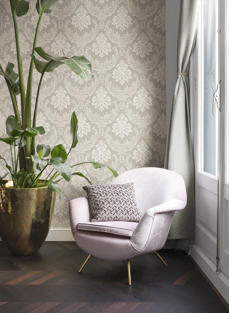 Casa Padrino papel tapiz textil barroco beige / crema - 10,05 x 0,53 m - Papel Pintado de Tela con Estructura de Vellón