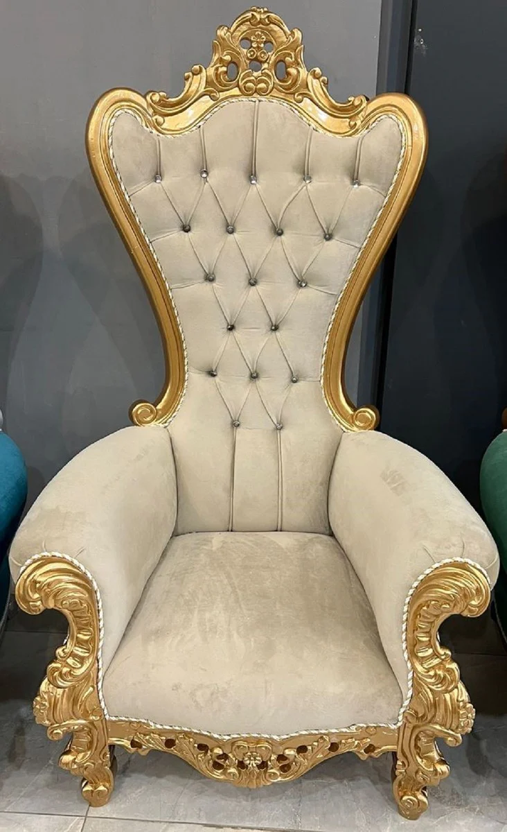 Casa Padrino sill¨®n de trono barroco con tela de terciopelo fino y pedrer¨ªa beige / oro - Sill¨®n real hecha a mano en estilo barroco - Silla de boda - Sill¨®n gigante - Muebles barrocos
