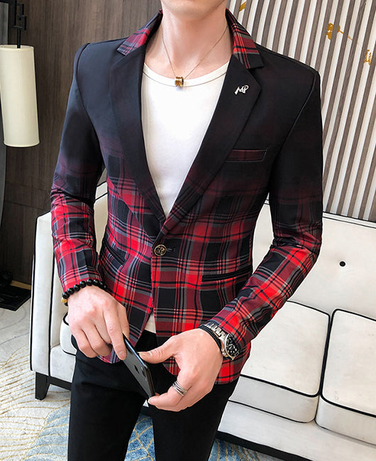 Casual Lapel Collar Ombre Plaid Print One Button Slim Fit Blazer