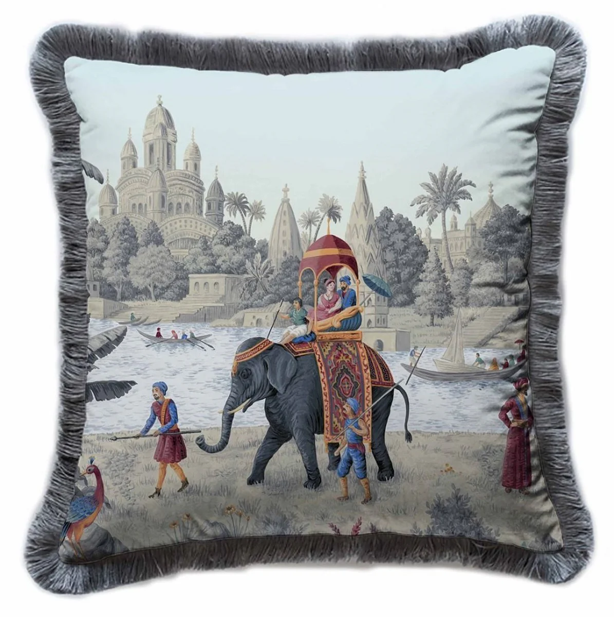 Casa Padrino cojín decorativa de lujo palacio multicolor / gris 45 x 45 cm - Almohada de terciopelo estampado con flecos - Accesorios decorativos de lujo