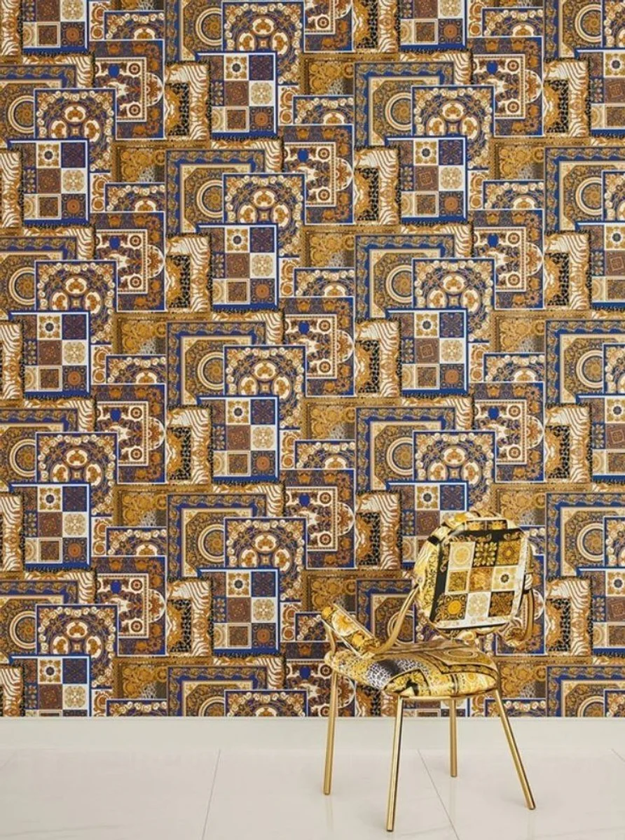 Papel Pintado no Tejido Barroco de Diseño Versace IV 37048-1 - Azul / Oro / Blanco - Papel Pintado de Diseño - Alta Calidad