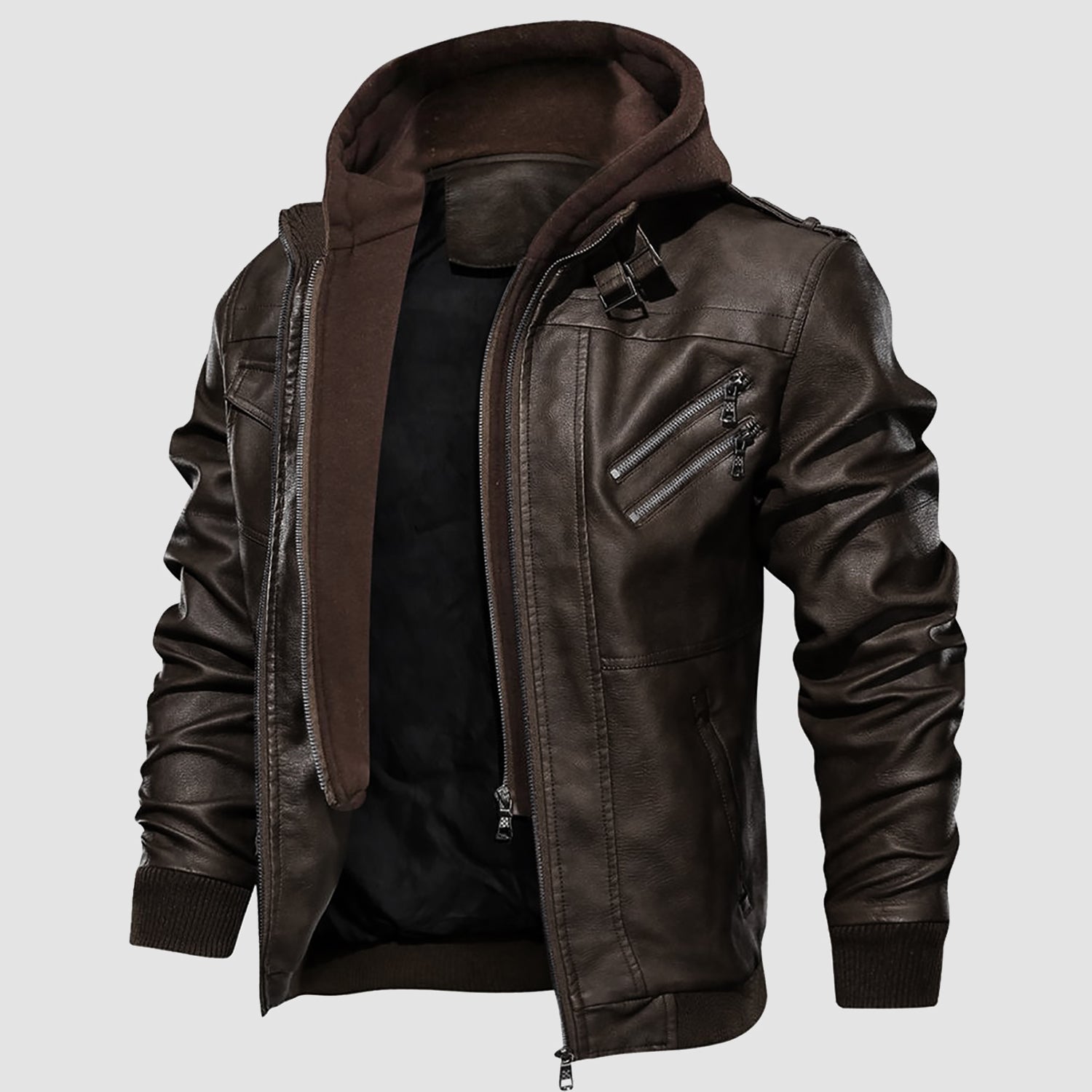 Men's Stand Collar PU Faux Leather Jacket 6 Pockets Motorcycle Bomber Fall Winter Jacket with a Removable Hood