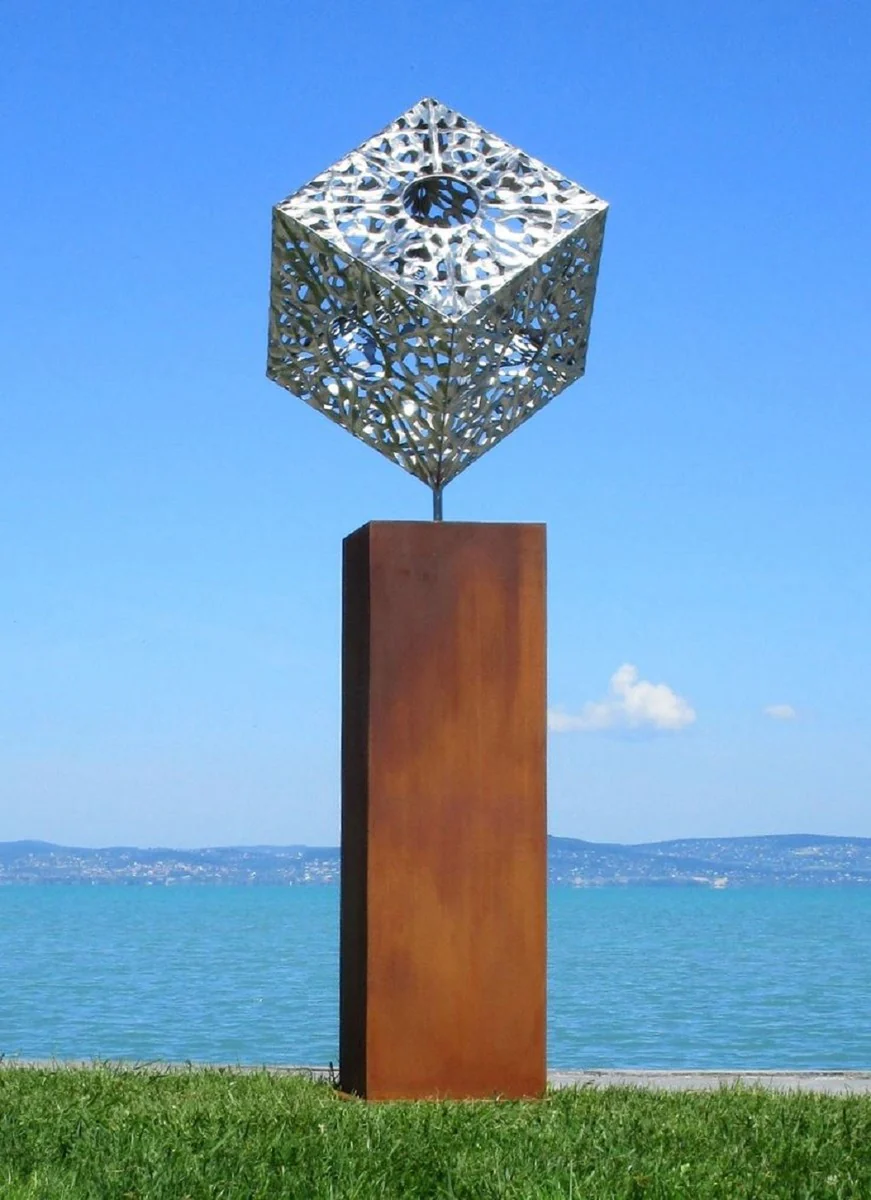 Casa Padrino escultura de metal de decoraci¨®n de jard¨ªn XXL cubo sobre columna plata / ¨®xido A. 216 cm