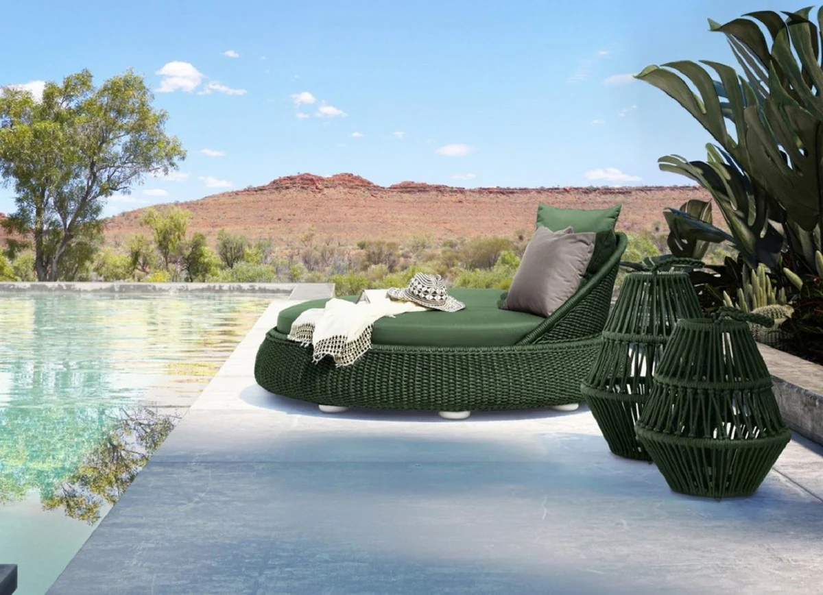 Casa Padrino isla tumbona de lujo con toldo verde oscuro Ø 153 x A. 71 cm - Isla de sol tejida a mano resistente a la intemperie - Muebles de jardín modernos - Muebles de hotel