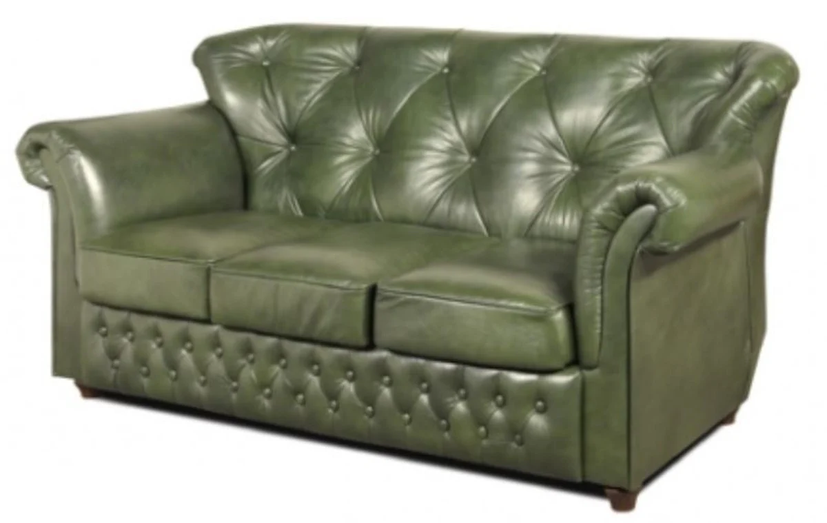 Casa Padrino Chesterfield sof¨¢ de cuero genuino en color verde con patas marr¨®n oscuro 200 x 80 x H. 85 cm - Calidad de Lujo